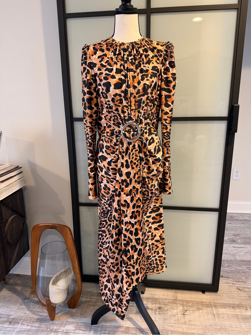 Paco Rabanne for H&M Leopard Print Long Sleeve Midi Dress M